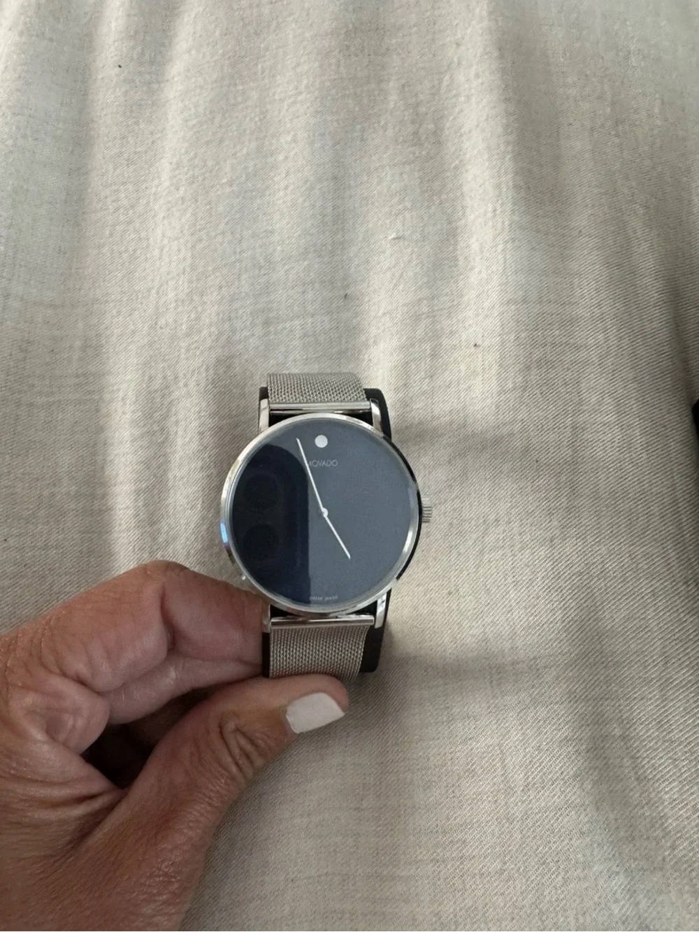 Movado Men's Black Dial Silver Case Mesh Strap Watch